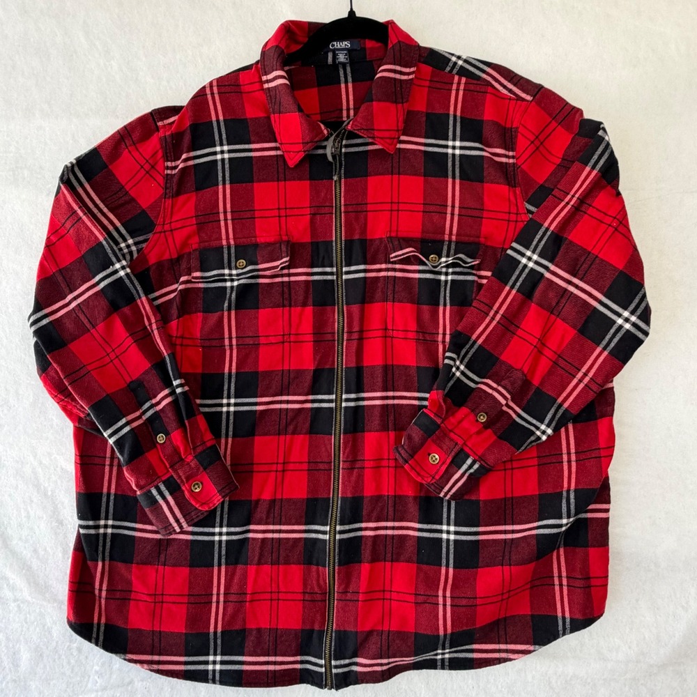 Chaps Mens 2XL Red Black Plaid Full Zip Flannel Shirt Jacket Buffalo Check